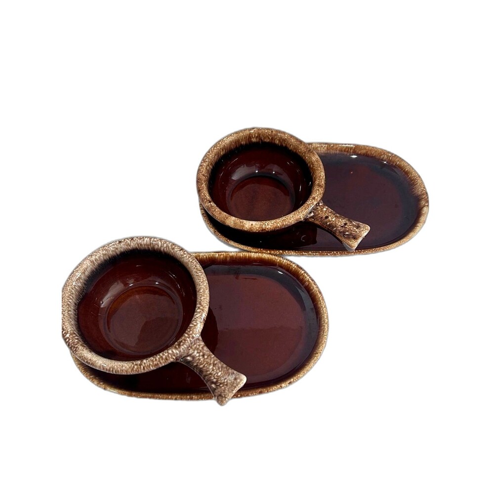 Vintage Hull Pottery Handled Soup Bowls Paired With Matching Sandwich Tray